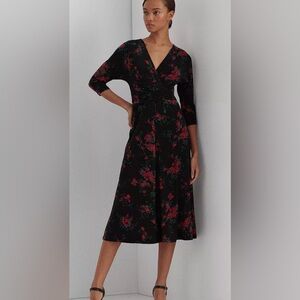 Lauren Ralph Lauren Pleated Jersey Midi Dress Size 12 Black Floral Stretch Red